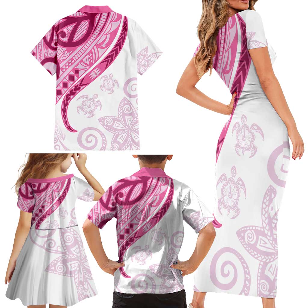 Rose Pink Polynesian Tribal Turtle Floral Pattern Family Matching Short Sleeve Bodycon Dress and Hawaiian Shirt