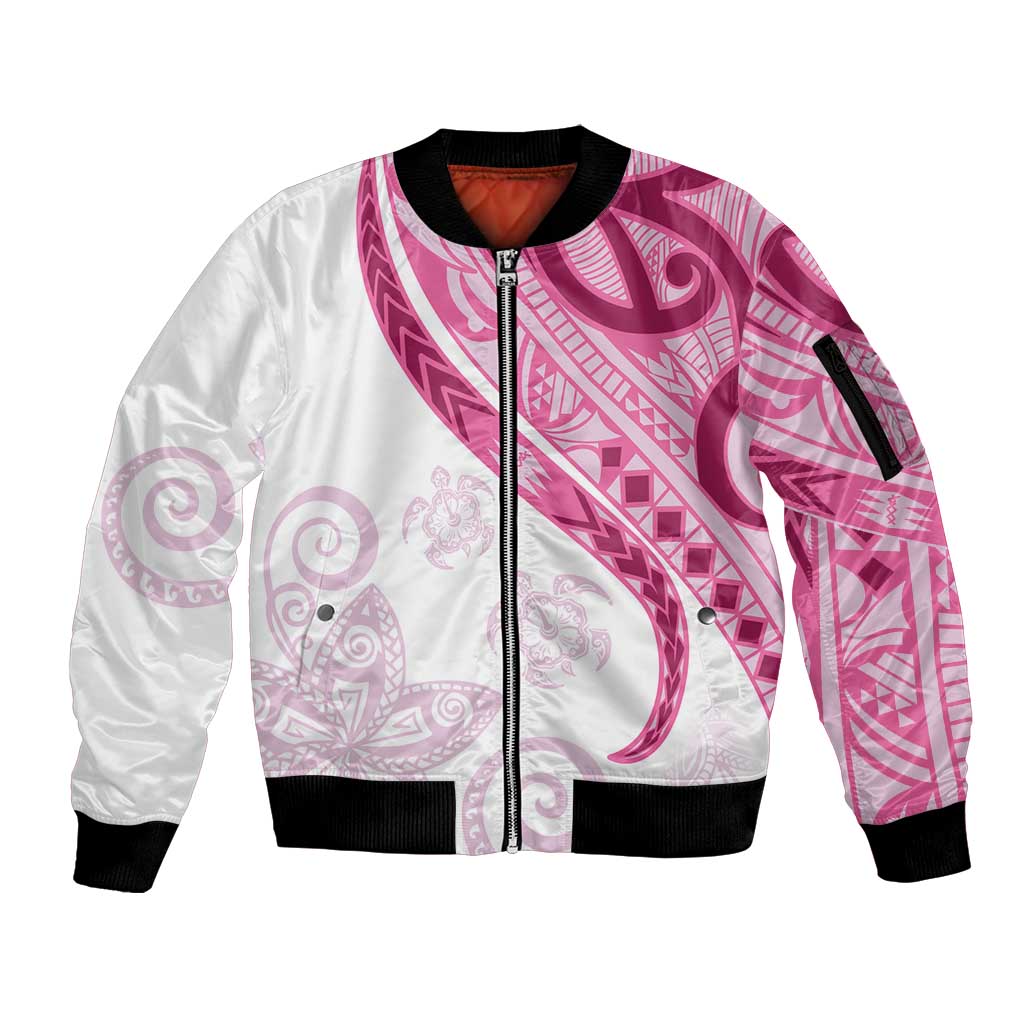 Rose Pink Polynesian Tribal Turtle Floral Pattern Sleeve Zip Bomber Jacket