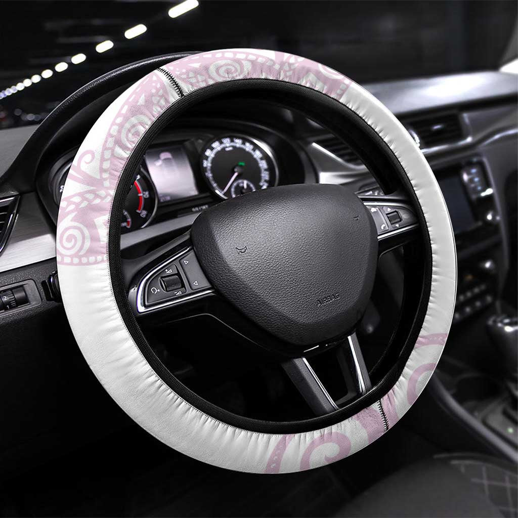 Rose Pink Polynesian Tribal Turtle Floral Pattern Steering Wheel Cover