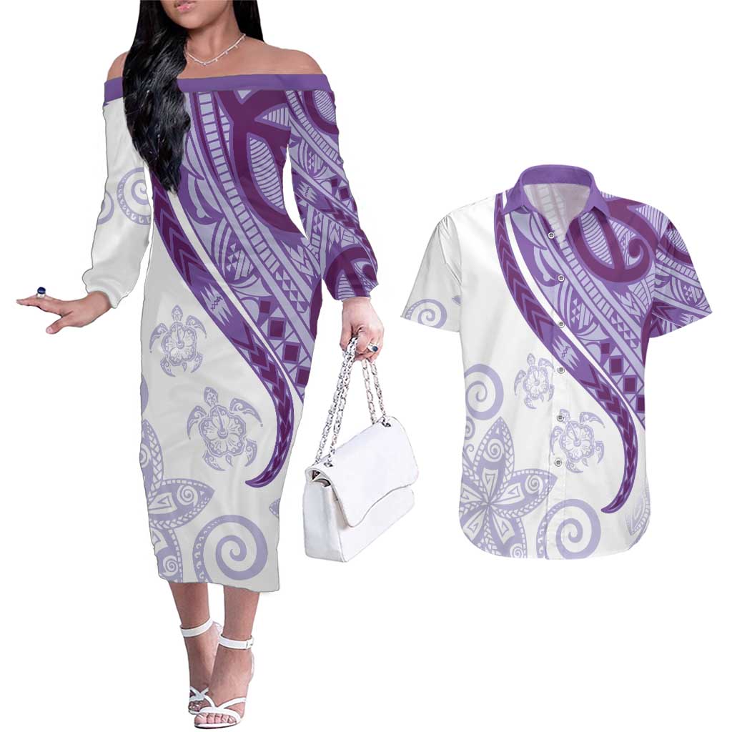 Purple Polynesian Tribal Turtle Floral Pattern Couples Matching Off The Shoulder Long Sleeve Dress and Hawaiian Shirt