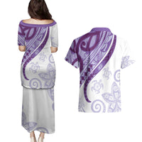 Purple Polynesian Tribal Turtle Floral Pattern Couples Matching Puletasi and Hawaiian Shirt