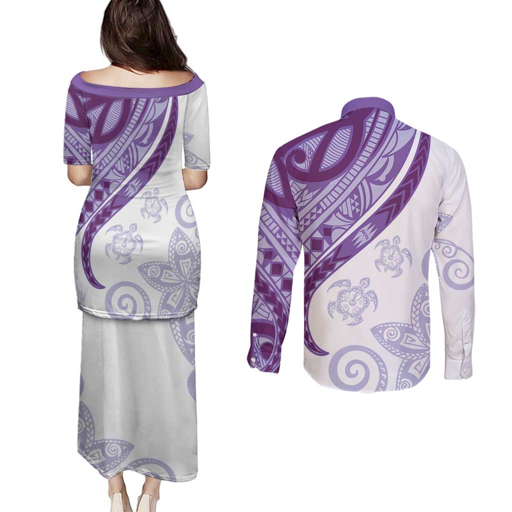 Purple Polynesian Tribal Turtle Floral Pattern Couples Matching Puletasi and Long Sleeve Button Shirt