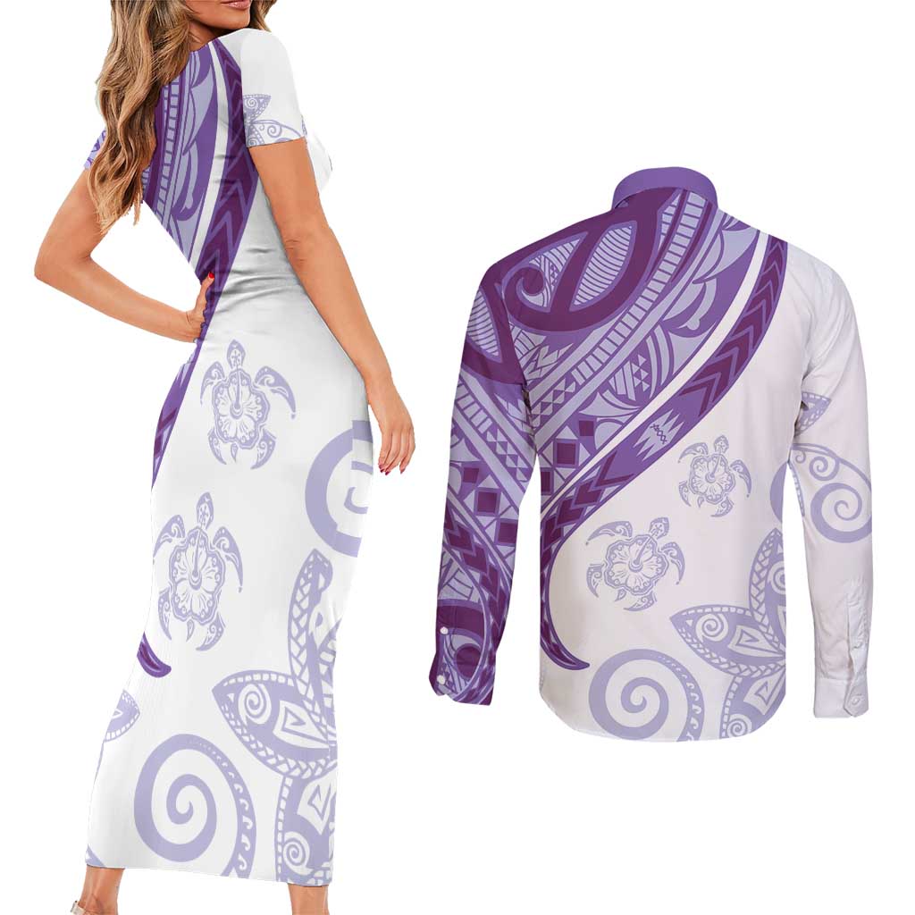 Purple Polynesian Tribal Turtle Floral Pattern Couples Matching Short Sleeve Bodycon Dress and Long Sleeve Button Shirt