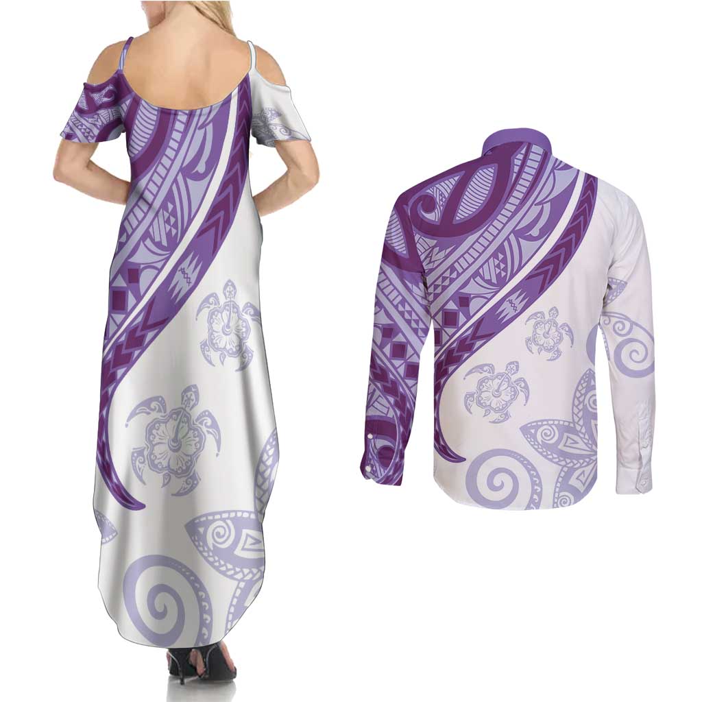 Purple Polynesian Tribal Turtle Floral Pattern Couples Matching Summer Maxi Dress and Long Sleeve Button Shirt