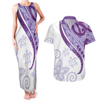 Purple Polynesian Tribal Turtle Floral Pattern Couples Matching Tank Maxi Dress and Hawaiian Shirt