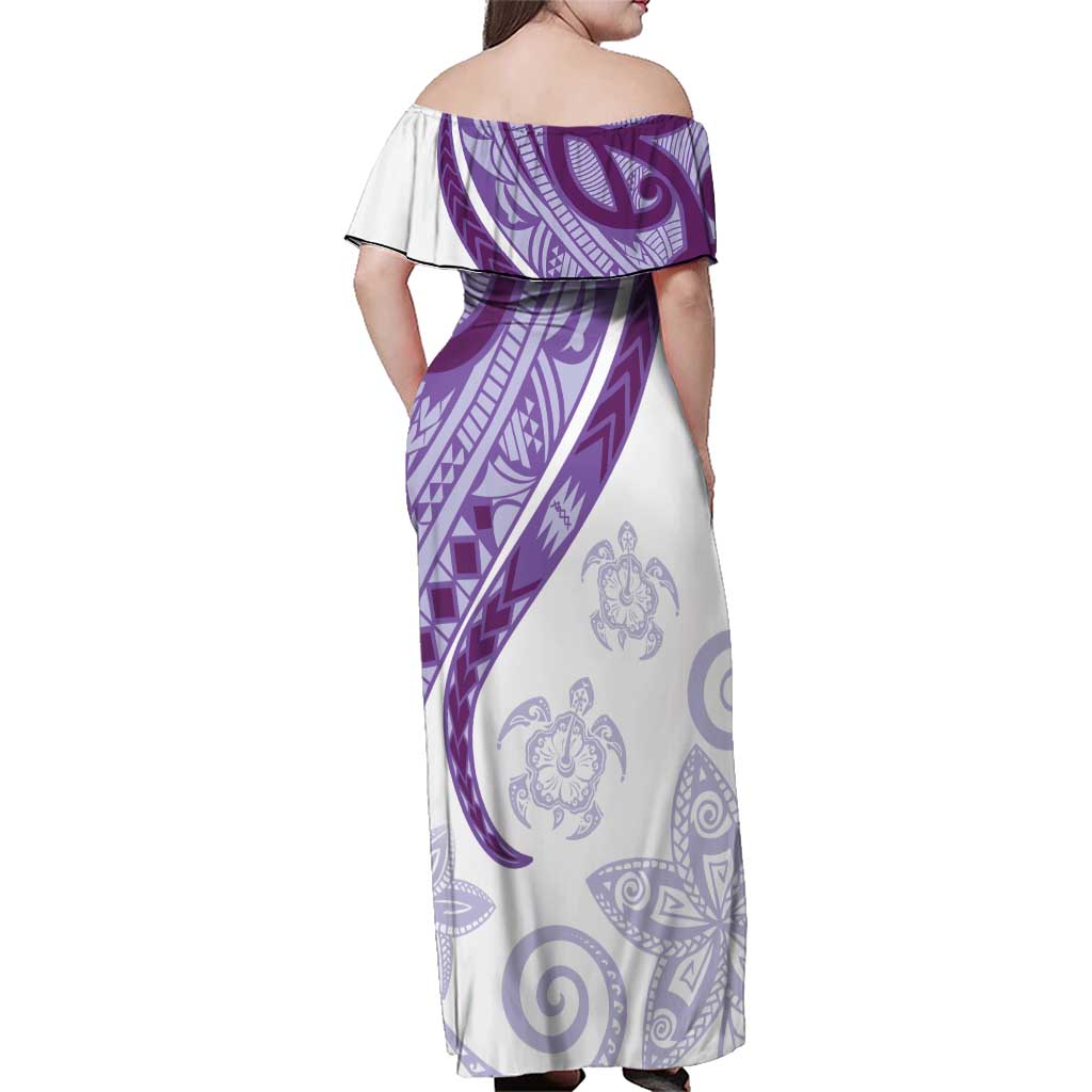 Purple Polynesian Tribal Turtle Floral Pattern Family Matching Off Shoulder Maxi Dress and Hawaiian Shirt