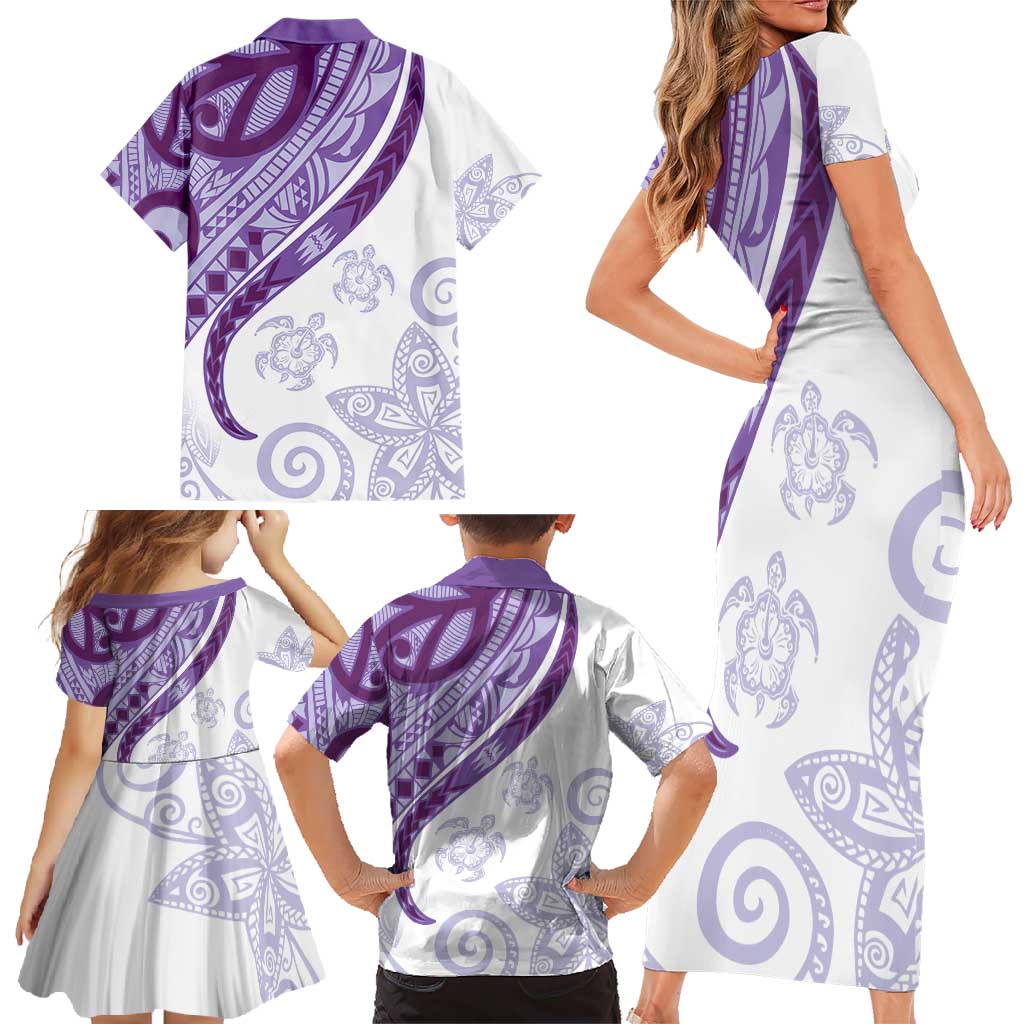 Purple Polynesian Tribal Turtle Floral Pattern Family Matching Short Sleeve Bodycon Dress and Hawaiian Shirt