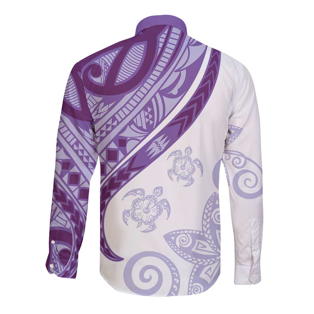 Purple Polynesian Tribal Turtle Floral Pattern Long Sleeve Button Shirt