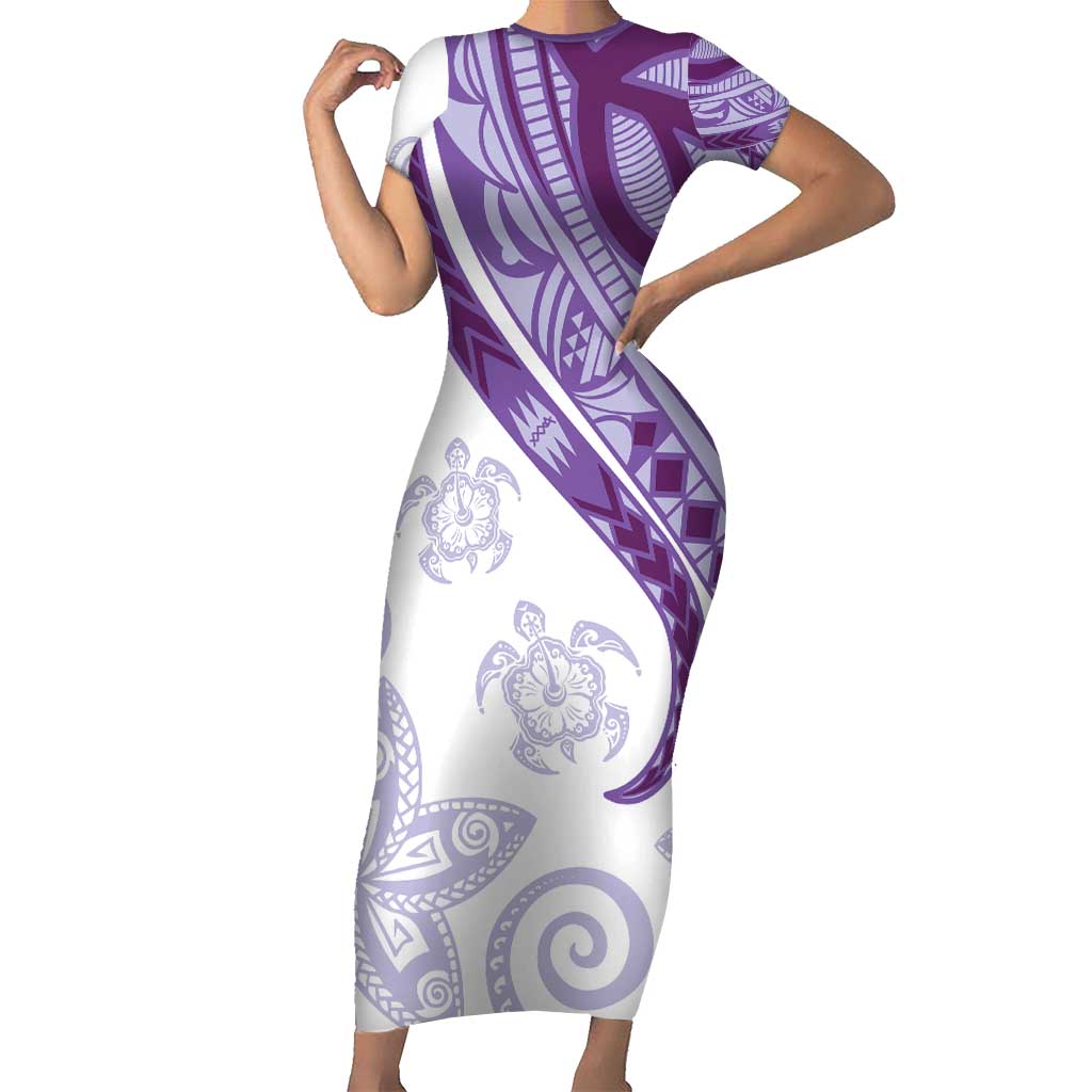 Purple Polynesian Tribal Turtle Floral Pattern Short Sleeve Bodycon Dress