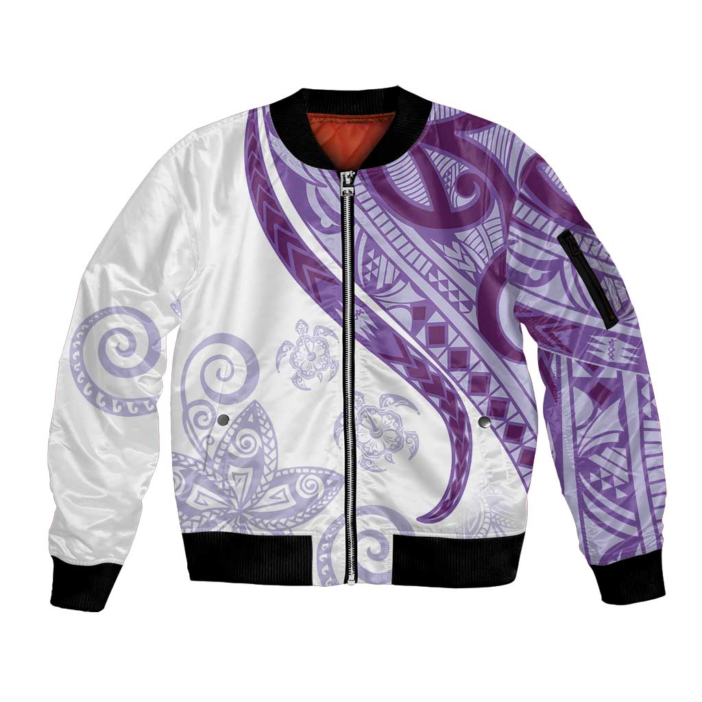 Purple Polynesian Tribal Turtle Floral Pattern Sleeve Zip Bomber Jacket