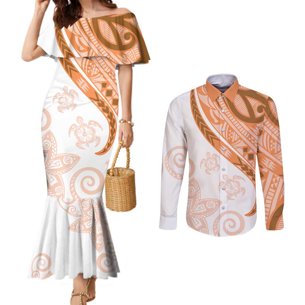 Orange Polynesian Tribal Turtle Floral Pattern Couples Matching Mermaid Dress and Long Sleeve Button Shirt