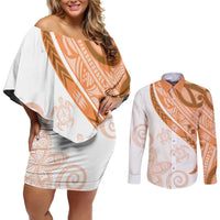 Orange Polynesian Tribal Turtle Floral Pattern Couples Matching Off Shoulder Short Dress and Long Sleeve Button Shirt