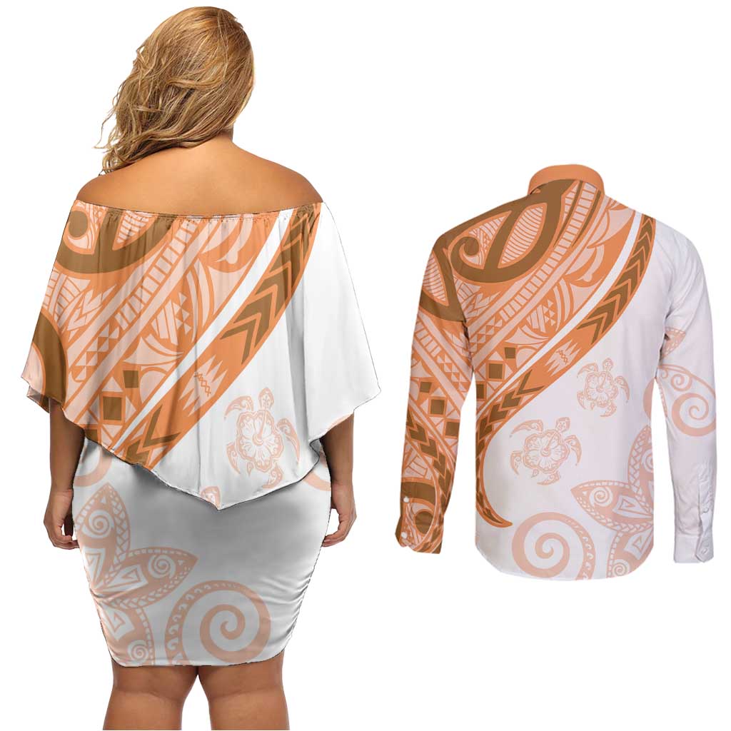Orange Polynesian Tribal Turtle Floral Pattern Couples Matching Off Shoulder Short Dress and Long Sleeve Button Shirt