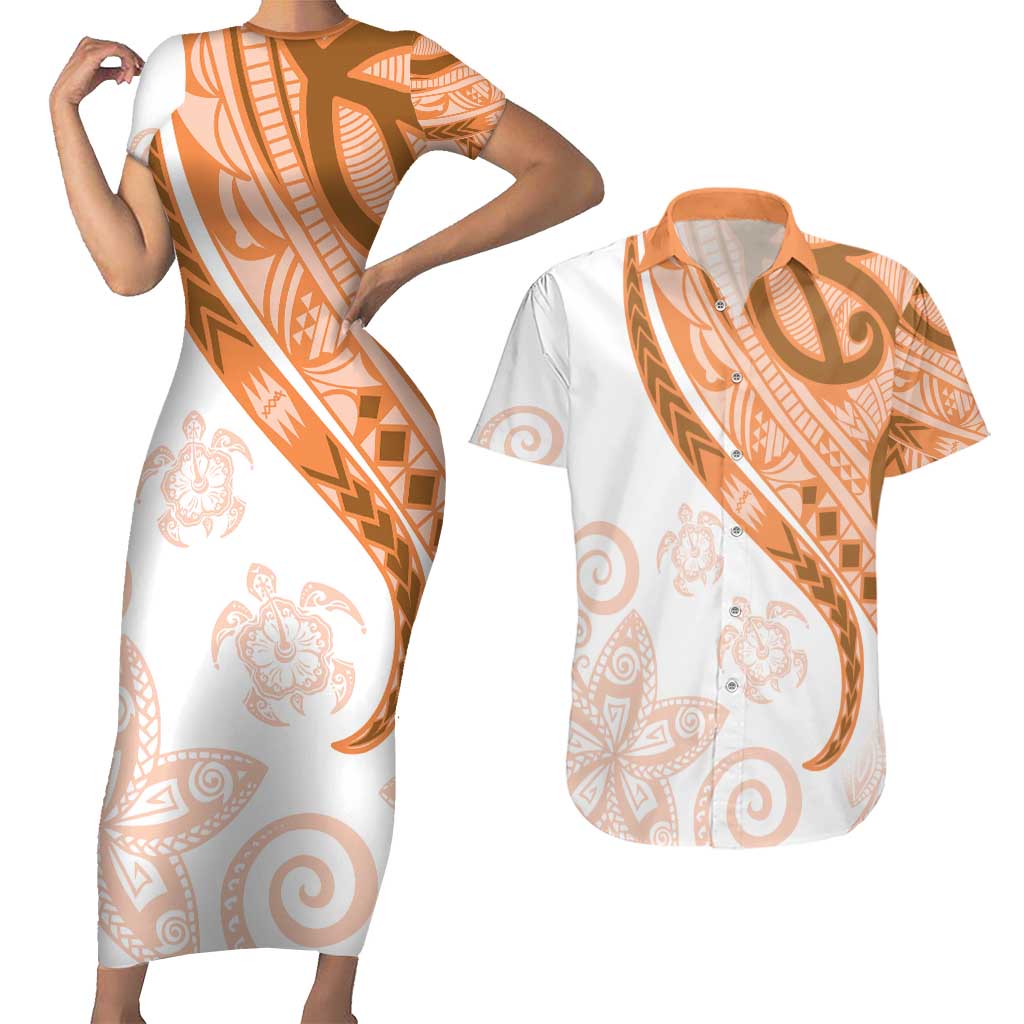 Orange Polynesian Tribal Turtle Floral Pattern Couples Matching Short Sleeve Bodycon Dress and Hawaiian Shirt