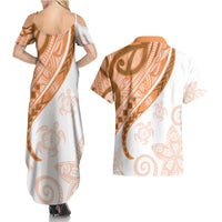 Orange Polynesian Tribal Turtle Floral Pattern Couples Matching Summer Maxi Dress and Hawaiian Shirt