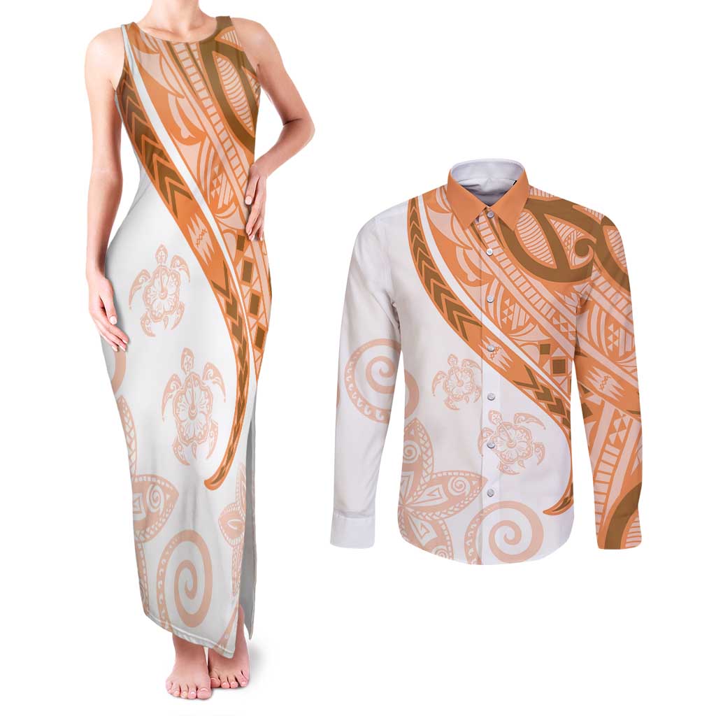 Orange Polynesian Tribal Turtle Floral Pattern Couples Matching Tank Maxi Dress and Long Sleeve Button Shirt