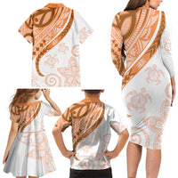 Orange Polynesian Tribal Turtle Floral Pattern Family Matching Long Sleeve Bodycon Dress and Hawaiian Shirt