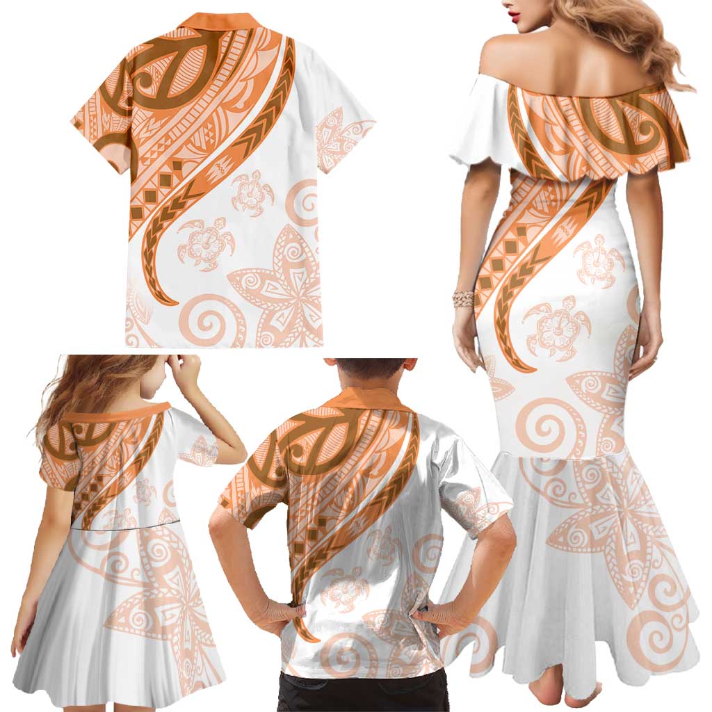 Orange Polynesian Tribal Turtle Floral Pattern Family Matching Mermaid Dress and Hawaiian Shirt