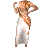 Orange Polynesian Tribal Turtle Floral Pattern Family Matching Short Sleeve Bodycon Dress and Hawaiian Shirt