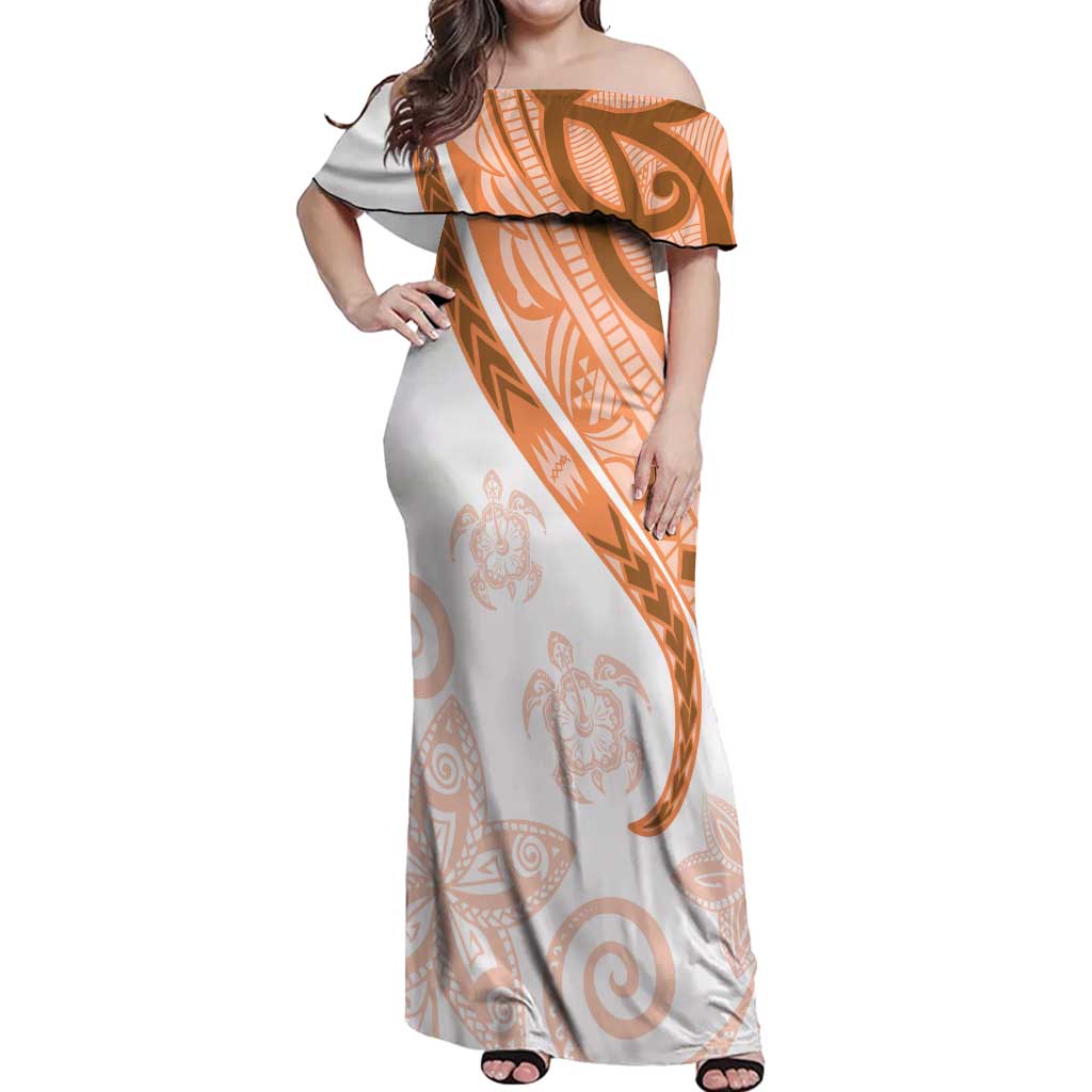 Orange Polynesian Tribal Turtle Floral Pattern Off Shoulder Maxi Dress