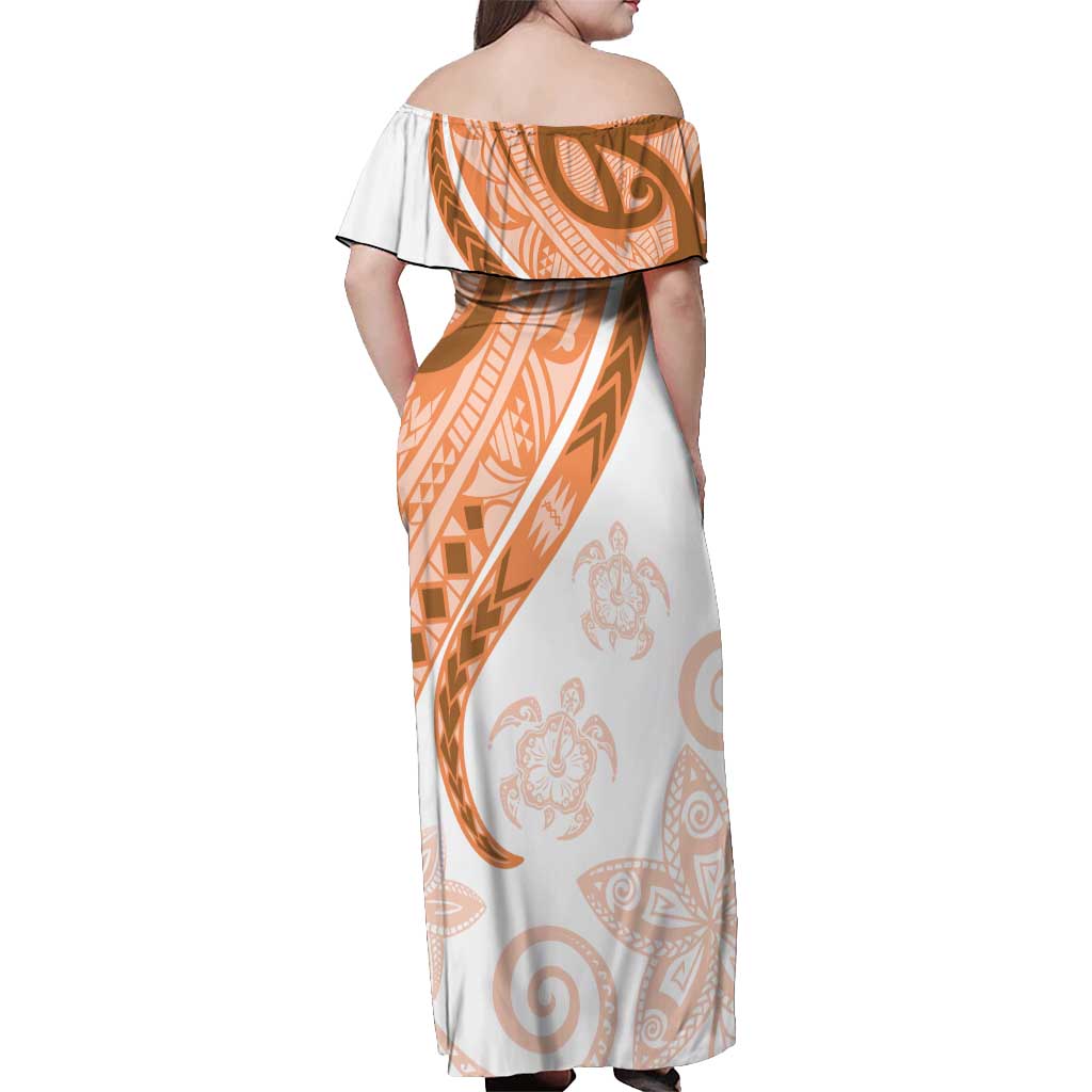 Orange Polynesian Tribal Turtle Floral Pattern Off Shoulder Maxi Dress