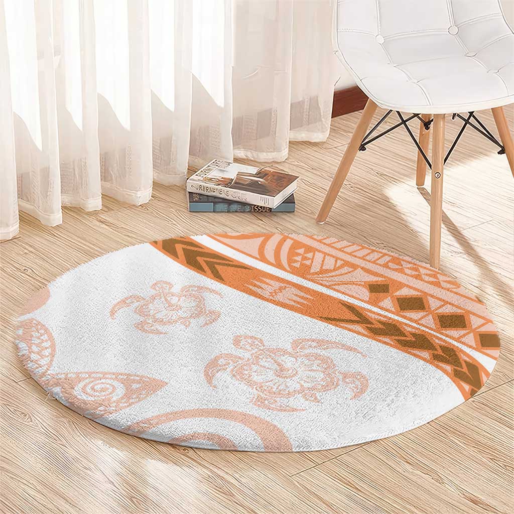 Orange Polynesian Tribal Turtle Floral Pattern Round Carpet