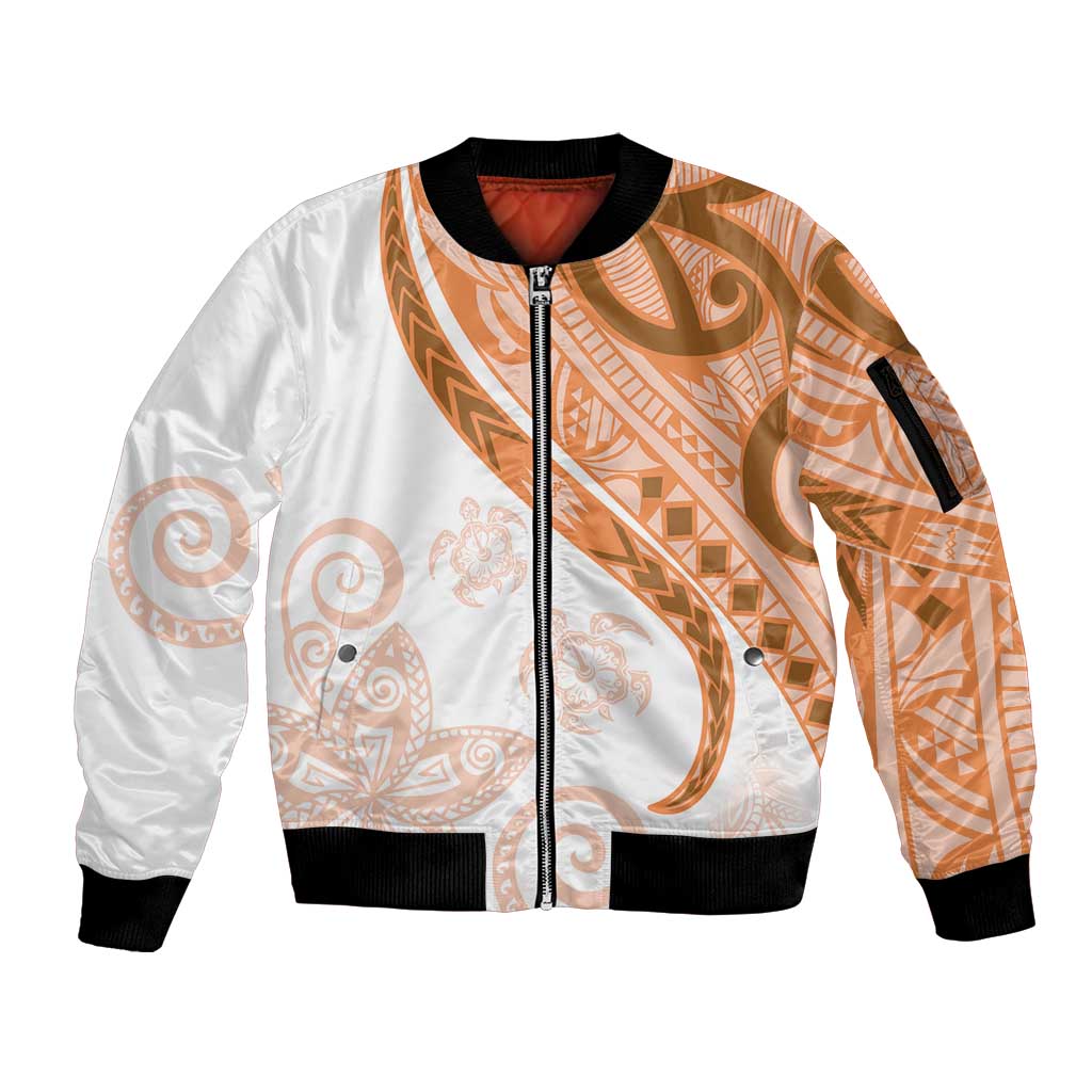 Orange Polynesian Tribal Turtle Floral Pattern Sleeve Zip Bomber Jacket