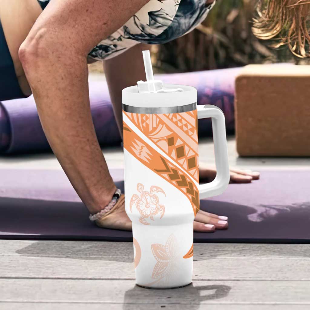 Orange Polynesian Tribal Turtle Floral Pattern Tumbler With Handle