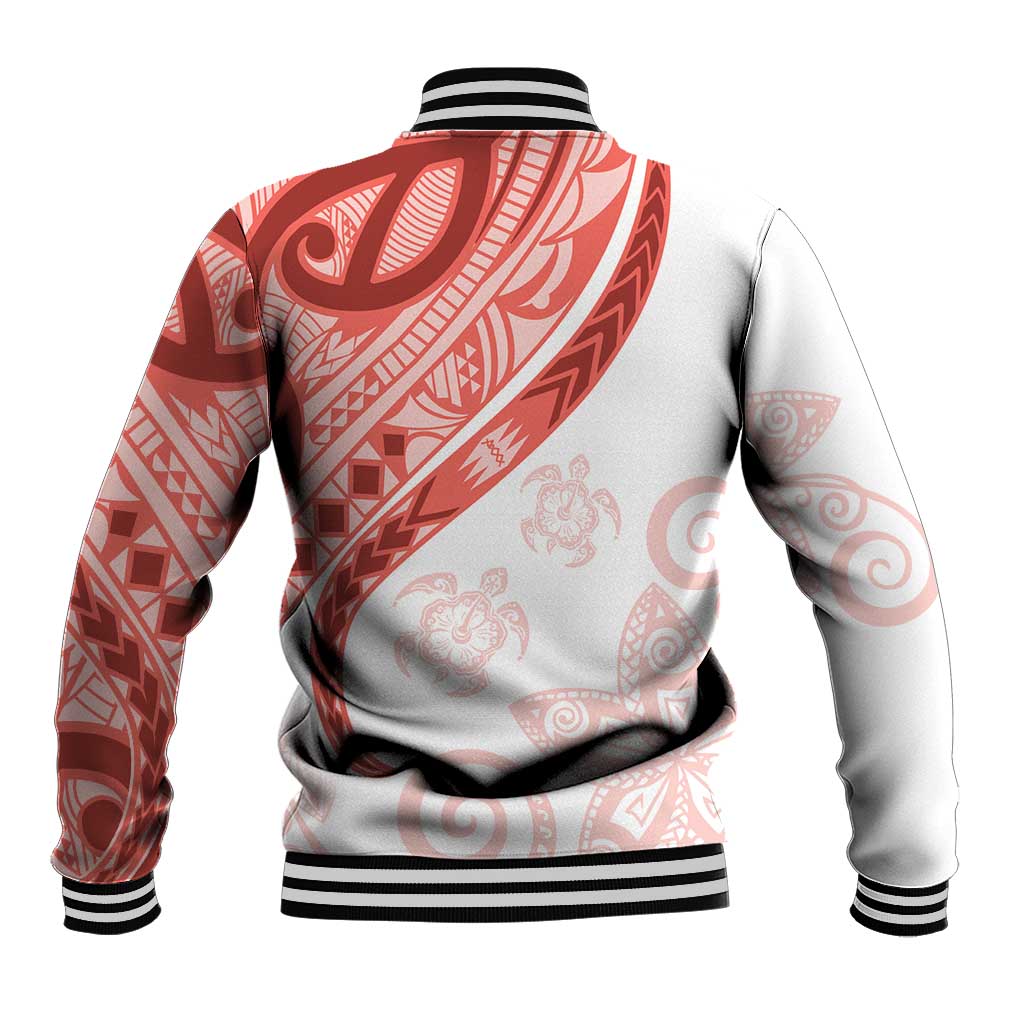 Coral Red Polynesian Tribal Turtle Floral Pattern Baseball Jacket
