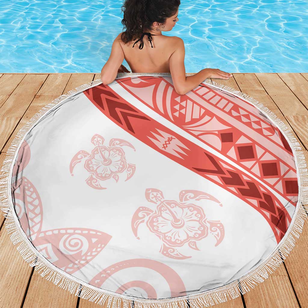 Coral Red Polynesian Tribal Turtle Floral Pattern Beach Blanket