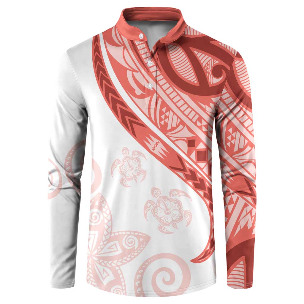Coral Red Polynesian Tribal Turtle Floral Pattern Button Sweatshirt
