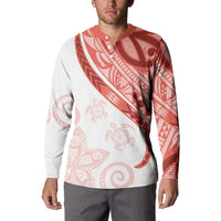 Coral Red Polynesian Tribal Turtle Floral Pattern Button Sweatshirt