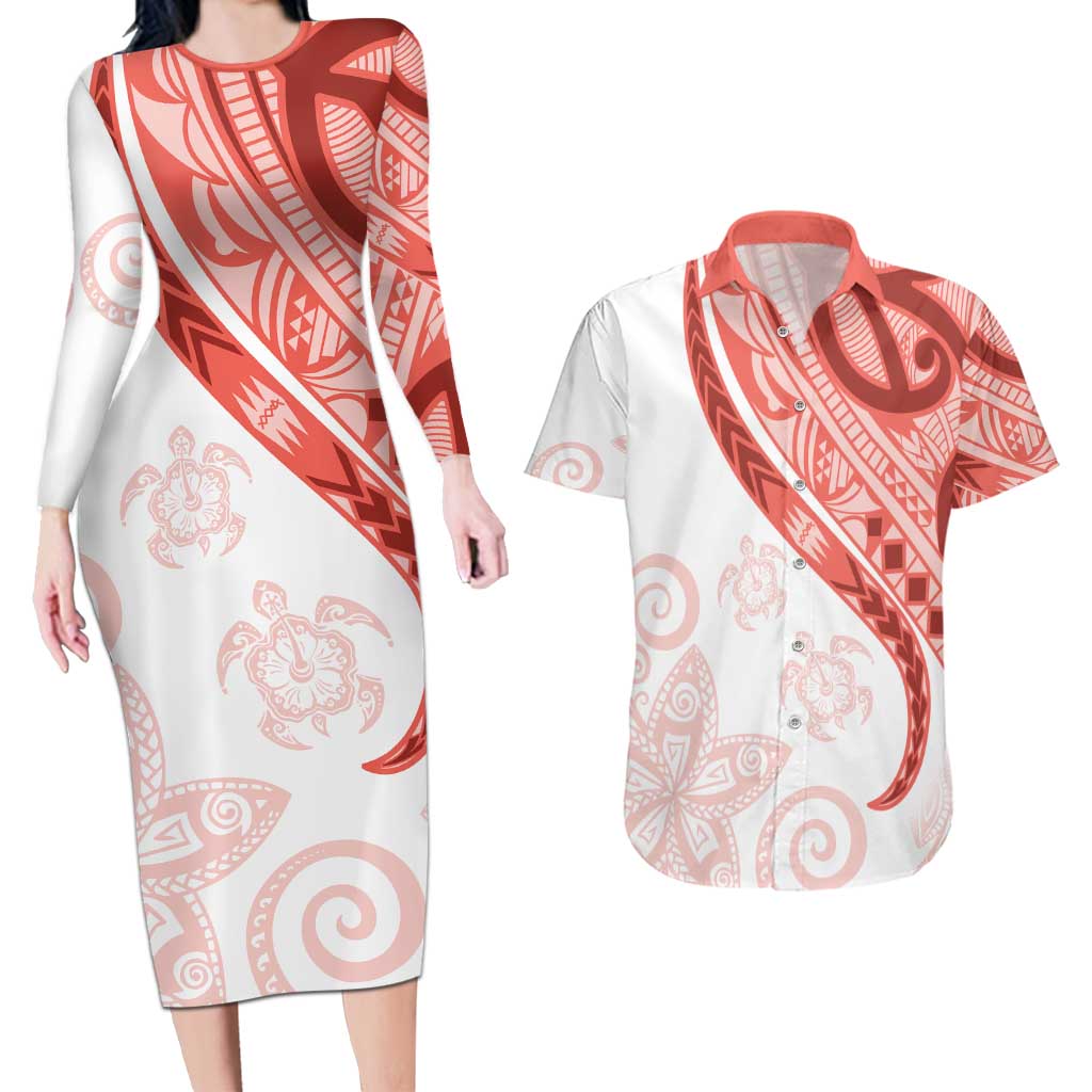 Coral Red Polynesian Tribal Turtle Floral Pattern Couples Matching Long Sleeve Bodycon Dress and Hawaiian Shirt