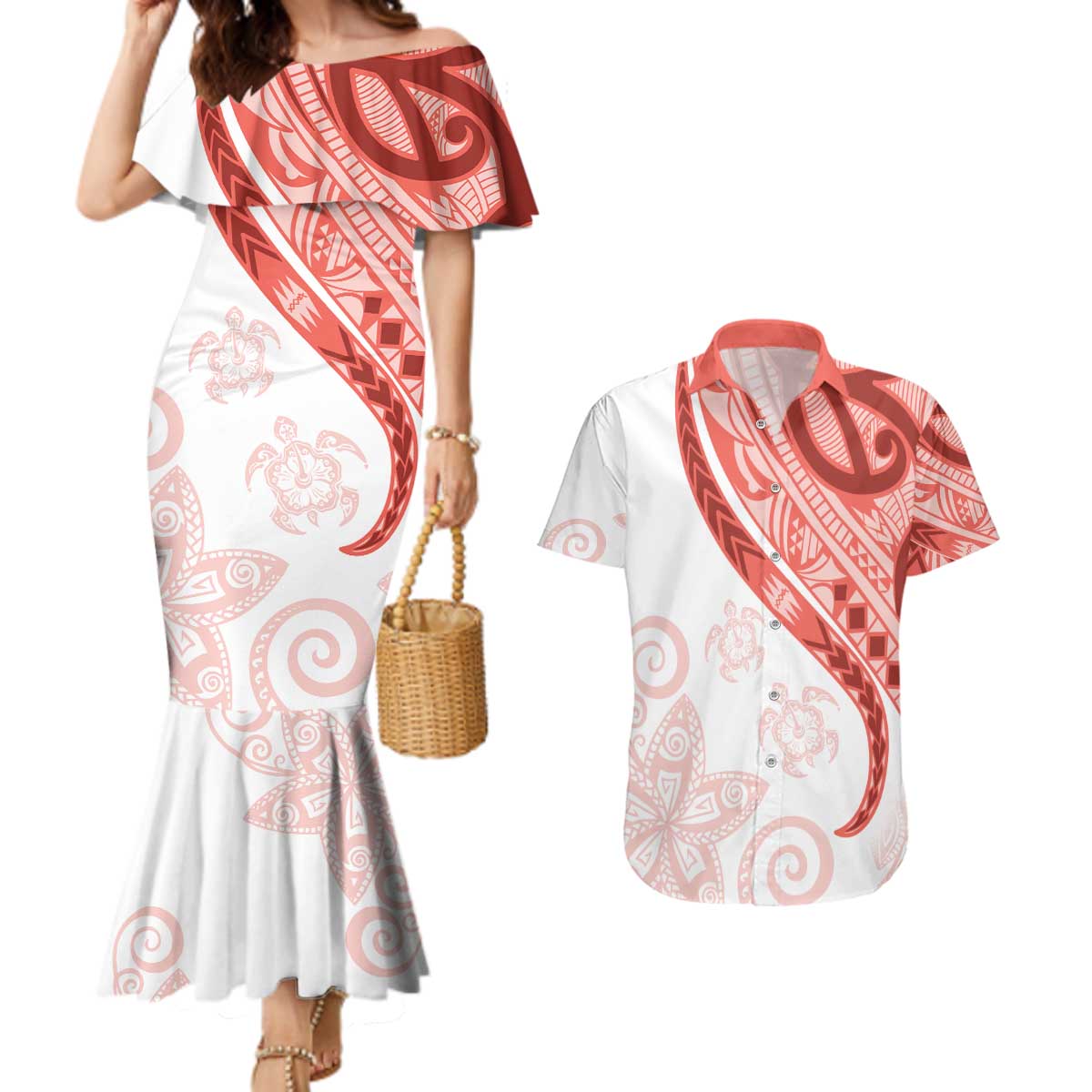 Coral Red Polynesian Tribal Turtle Floral Pattern Couples Matching Mermaid Dress and Hawaiian Shirt