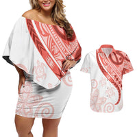 Coral Red Polynesian Tribal Turtle Floral Pattern Couples Matching Off Shoulder Short Dress and Hawaiian Shirt