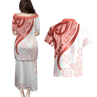 Coral Red Polynesian Tribal Turtle Floral Pattern Couples Matching Puletasi and Hawaiian Shirt
