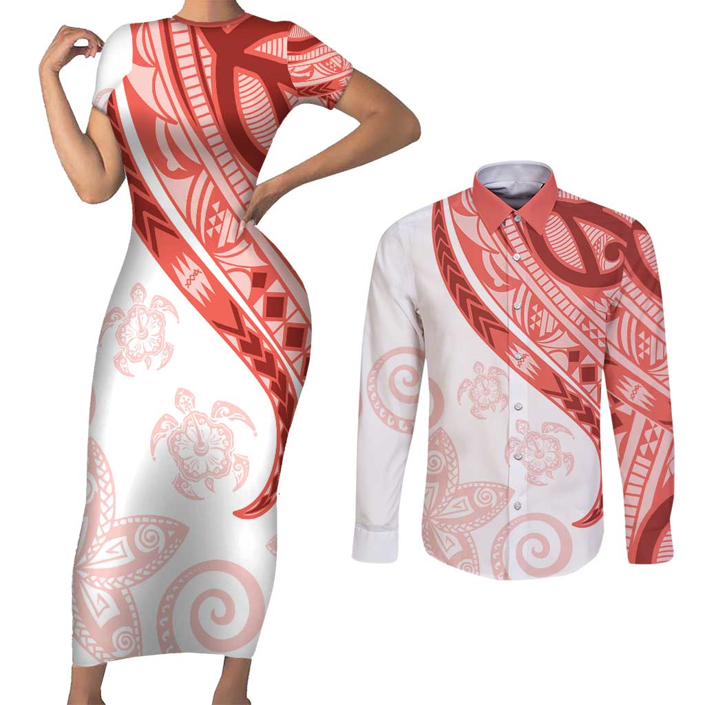Coral Red Polynesian Tribal Turtle Floral Pattern Couples Matching Short Sleeve Bodycon Dress and Long Sleeve Button Shirt