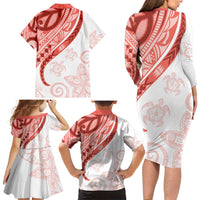 Coral Red Polynesian Tribal Turtle Floral Pattern Family Matching Long Sleeve Bodycon Dress and Hawaiian Shirt LT05 - Polynesian Pride