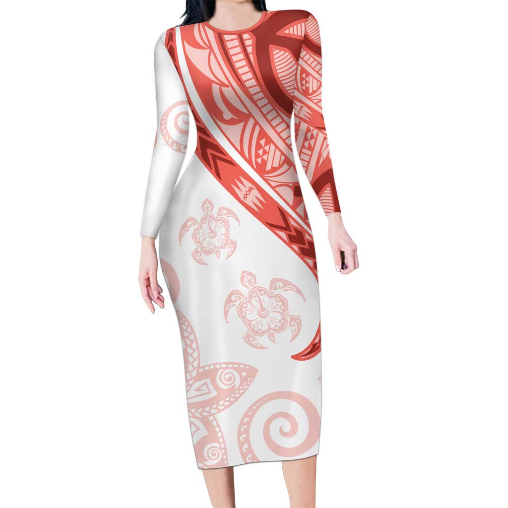 Coral Red Polynesian Tribal Turtle Floral Pattern Family Matching Long Sleeve Bodycon Dress and Hawaiian Shirt LT05 Mom's Dress Red - Polynesian Pride
