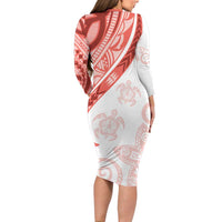 Coral Red Polynesian Tribal Turtle Floral Pattern Family Matching Long Sleeve Bodycon Dress and Hawaiian Shirt LT05 - Polynesian Pride