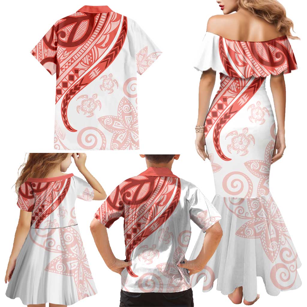 Coral Red Polynesian Tribal Turtle Floral Pattern Family Matching Mermaid Dress and Hawaiian Shirt LT05 - Polynesian Pride