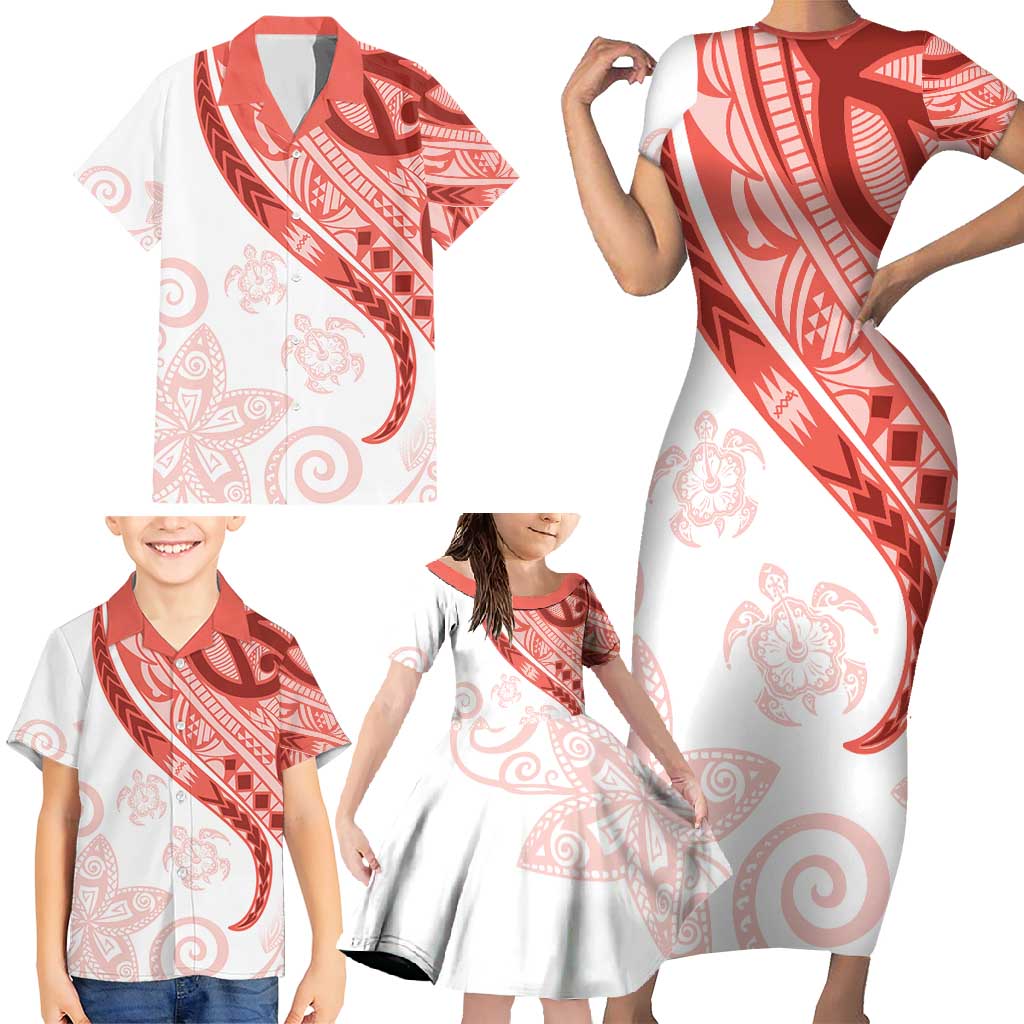 Coral Red Polynesian Tribal Turtle Floral Pattern Family Matching Short Sleeve Bodycon Dress and Hawaiian Shirt LT05 - Polynesian Pride