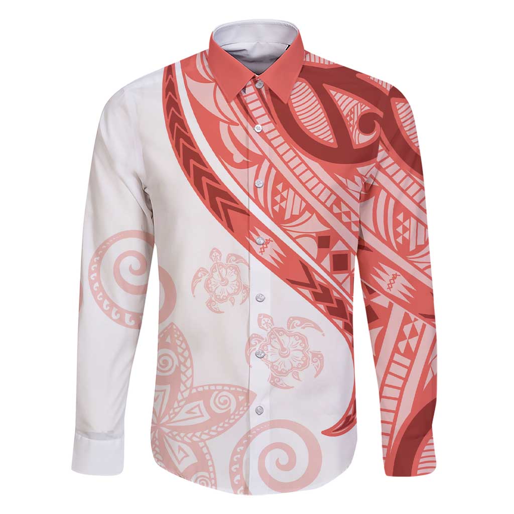Coral Red Polynesian Tribal Turtle Floral Pattern Family Matching Short Sleeve Bodycon Dress and Hawaiian Shirt LT05 Dad's Shirt - Long Sleeve Red - Polynesian Pride