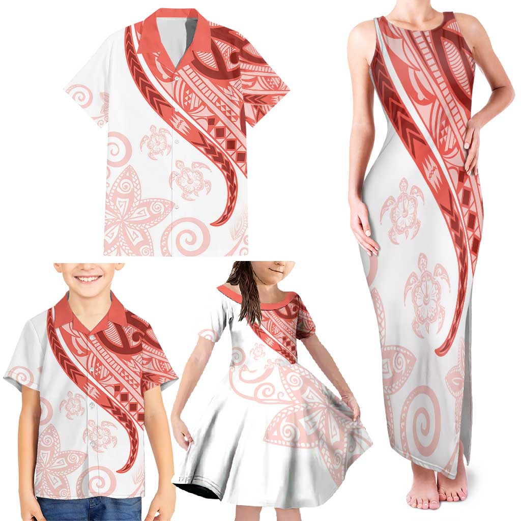 Coral Red Polynesian Tribal Turtle Floral Pattern Family Matching Tank Maxi Dress and Hawaiian Shirt