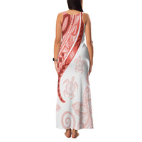Coral Red Polynesian Tribal Turtle Floral Pattern Family Matching Tank Maxi Dress and Hawaiian Shirt