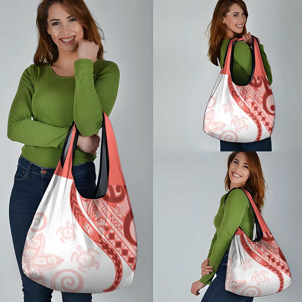 Coral Red Polynesian Tribal Turtle Floral Pattern Grocery Bag