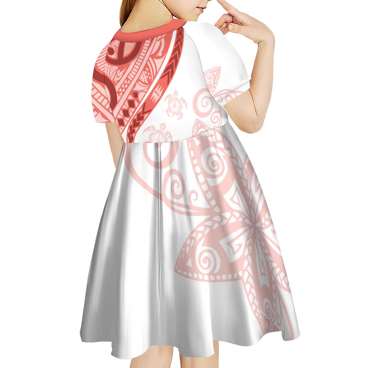 Coral Red Polynesian Tribal Turtle Floral Pattern Kid Short Sleeve Dress