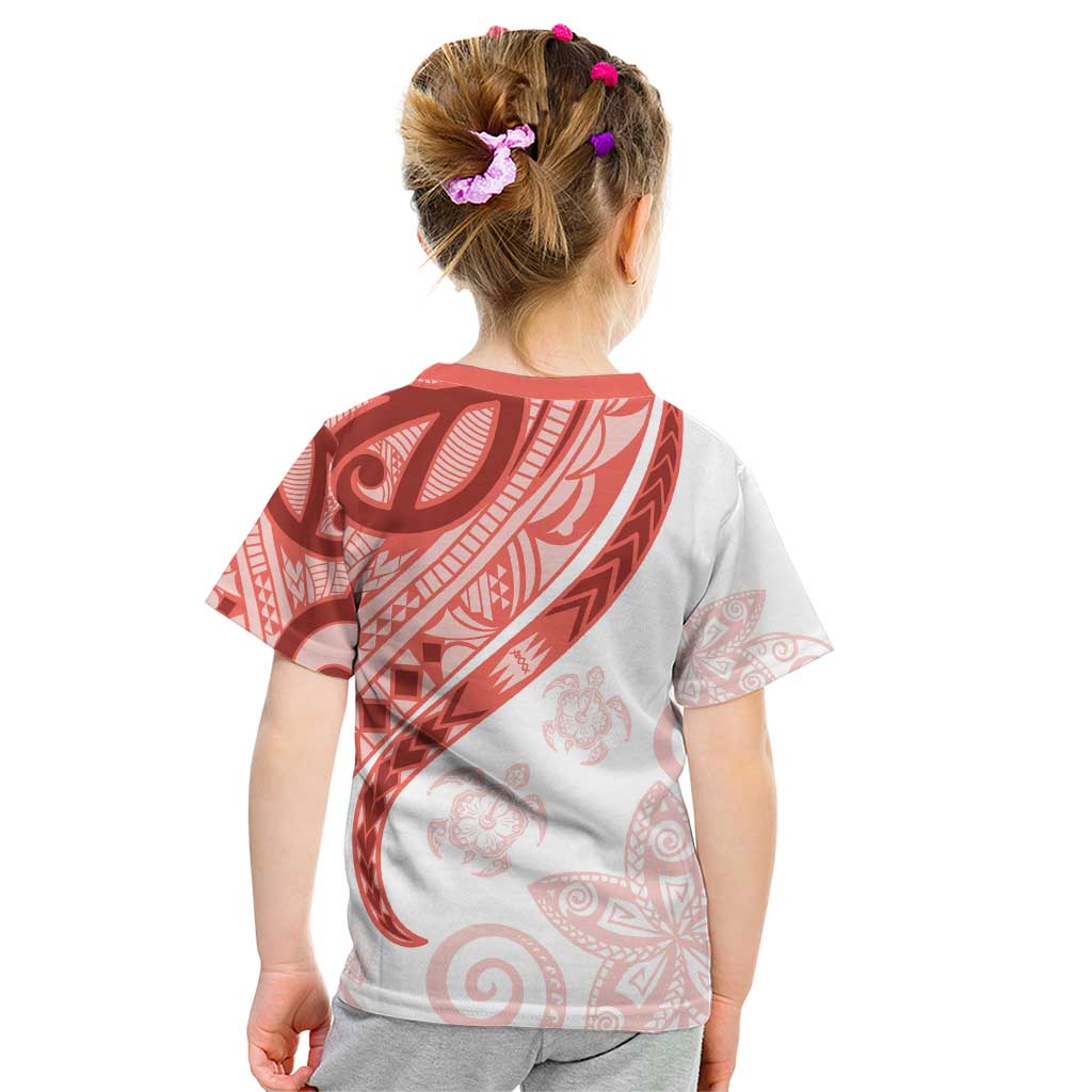 Coral Red Polynesian Tribal Turtle Floral Pattern Kid T Shirt