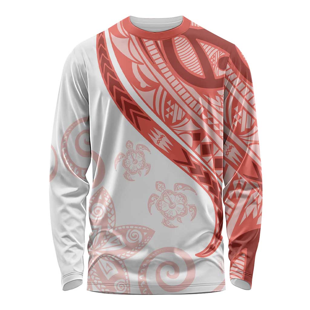 Coral Red Polynesian Tribal Turtle Floral Pattern Long Sleeve Shirt