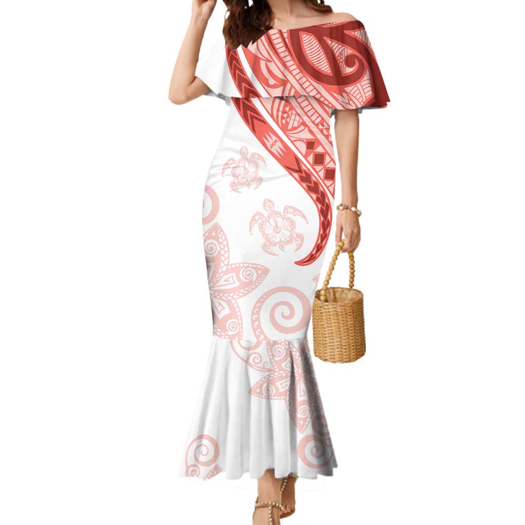 Coral Red Polynesian Tribal Turtle Floral Pattern Mermaid Dress